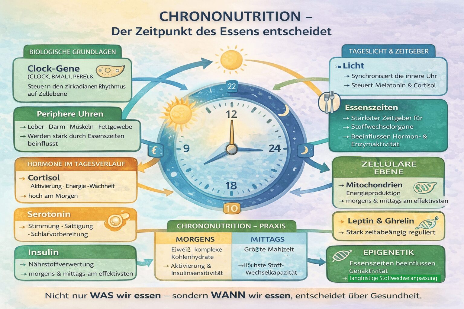 Übersicht Chrononutrition - Zusammenhang zwischen Tageszeit und Stoffwechselreaktion bei gleicher Mahlzeit
